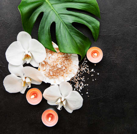 Natural spa ingredients with orchid flowers on a black concrete background