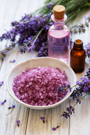 lavender flowers and lavender aromatic sea salt - natural skin care spaの写真素材
