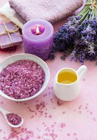 Lavender flowers and natural cosmetic on pink concrete  backgroundの写真素材