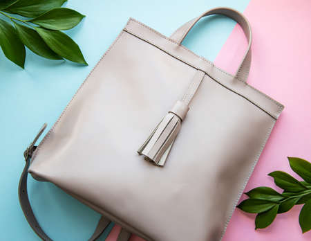 Beige fashion female woman purse handbag on a pastel background