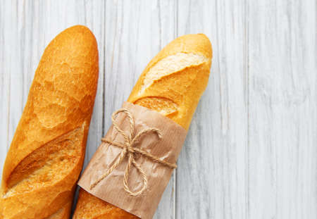 Freshly baked baguette bread - top viewの写真素材