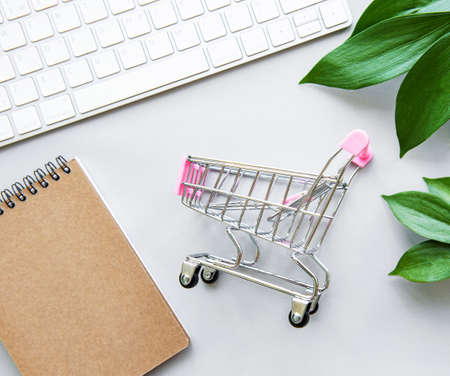 Online shopping. Laptop, shopping cart on white background with green leaves. The concept of unity...