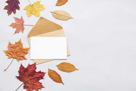 Autumn composition. Envelope, dried  leaves on white background. Autumn, fall concept. Flat lay, top...