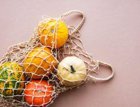 A lot of different decorative pumpkins in a shopping bag on a light brown background. Vegetables in a string bagの写真素材
