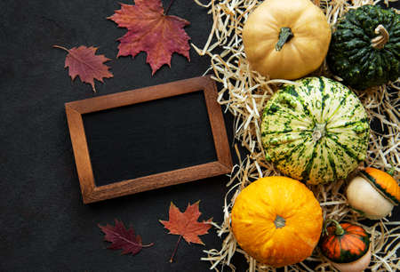 Pumpkins  on a black background with straw and blackcoard. Pumpkin harvest. Seasonal vegetablesの写真素材