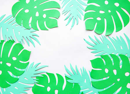 Paper cut tropical monstera leaves, plants frame.  Space for text. Beautiful  green jungle floral...