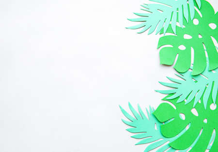 Paper cut tropical monstera leaves, plants frame.  Space for text. Beautiful  green jungle floral...