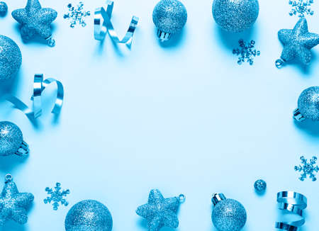 Festive background with decorations. Christmas holiday background toned classic blue color. Flat layの写真素材