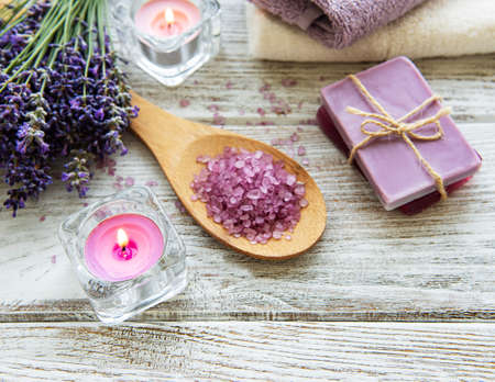 lavender flowers and lavender aromatic sea salt - natural skin care spaの写真素材