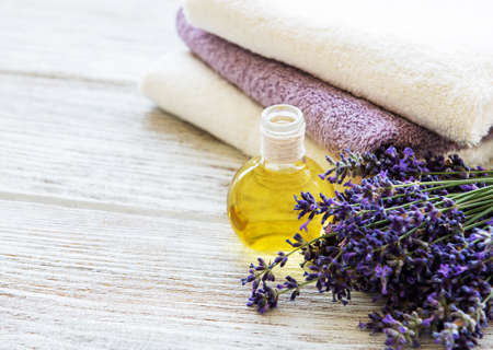 lavender flowers and lavender aromatic oils  - natural skin care spaの写真素材
