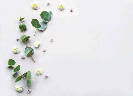 Flowers composition. Frame made of various colorful flowers on white background. Flat lay, top view, copy spaceの写真素材
