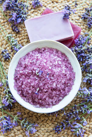 lavender flowers and lavender aromatic sea salt - natural skin care spaの写真素材