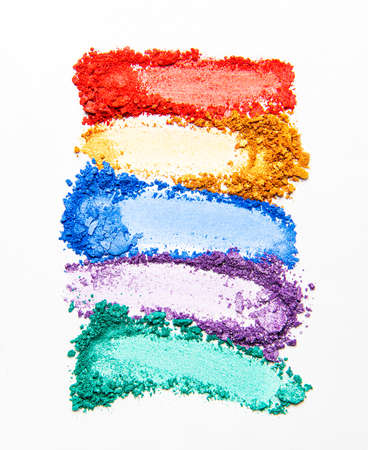 Cosmetics swatches beauty products eyeshadow on white background. Top view. の写真素材