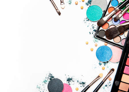 Set of decorative cosmetics on a white background. Flat lay, top view.
