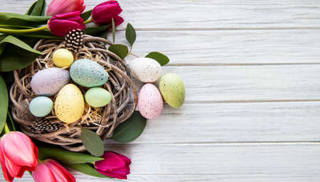 Easter background with colorful eggs in nest and pink tulips on a white wooden background. Top view...
