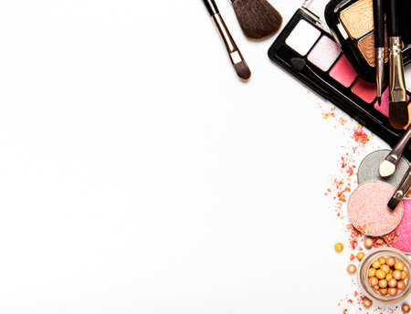 Set of decorative cosmetics on a white background. Flat lay, top view.の写真素材