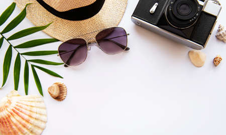 Overhead view of Traveler's accessories. Essential vacation items. Travel concept background. Flat...
