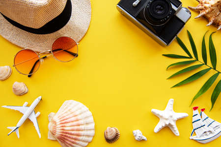 Overhead view of Traveler's accessories. Essential vacation items. Travel concept background. Flat layの写真素材