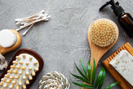 Zero waste natural cosmetics products on concrete background. Flat lay. 