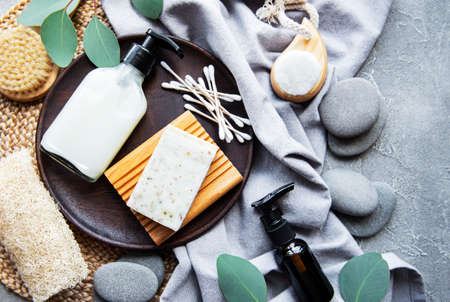 Zero waste natural cosmetics products on concrete background. Flat lay.の写真素材