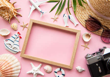 Overhead view of Traveler's accessories. Essential vacation items. Travel concept background. Flat...