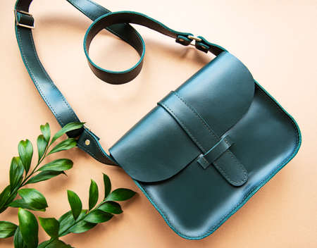 Woman casual fashion accessory,  top view on brown background. Green leather bag and green leaves, flat lay. の写真素材