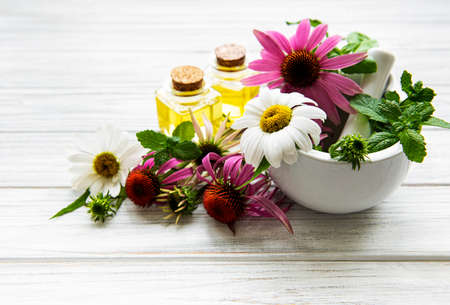 Medical flowers and plant in mortar and essential oils on a white wooden table