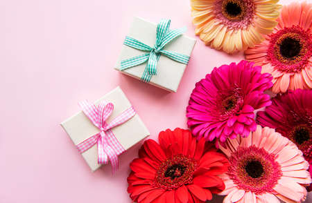Gerbera flowers and gift boxes on a pink background. Top viewの写真素材