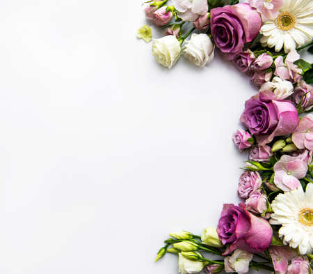 Framework from flowers on white background. Flat lay.の写真素材