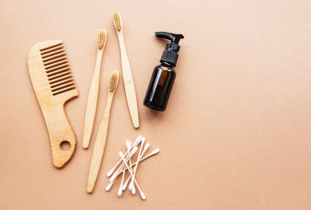 Zero waste natural cosmetics products on brown background. Flat lay.の写真素材