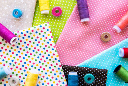 Sewing accessories and fabric. Top view, flat lay.の写真素材
