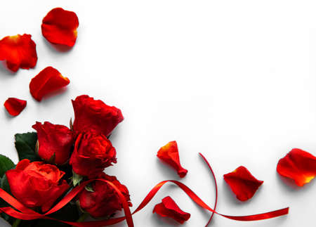 Valentine red roses bouquet on a white backgroundの写真素材