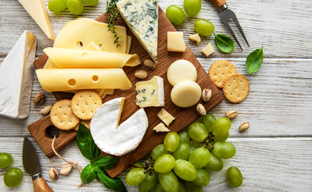 Various types of cheese on a white wooden background