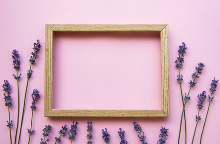 Wooden frame with beautiful flowers of fragrant lavender on pink backgroundの写真素材