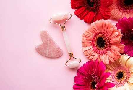 Jade face roller for beauty facial massage therapy and gerbera flowers. Flat lay on pink backgroundの写真素材