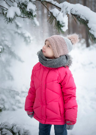 Child in winter. A little girl, playing in the winter outside. A beautiful winter child portrait. Happy child, winter fun outdoor.の写真素材