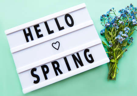 Lightbox with text HELLO SPRING and bouquet of forget me not flowers on a green backgroundの写真素材