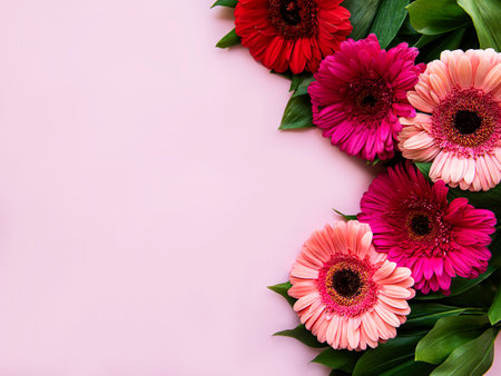 Gerbera flowers on a pink pastel background. Top viewの写真素材