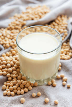 Soy milk and soy on the table - healthy plant product