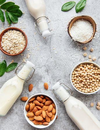 Alternative types of vegan milks in glass bottles on a concrete background. Top viewの写真素材
