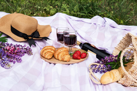 Romantic picnic scene on summer day. Outdoor picnic with wine and a fruit in the open air on the background of green grass.の写真素材