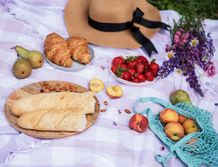 Romantic picnic scene on summer day. Outdoor picnic with wine and a fruit in the open air on the background of green grass.の写真素材