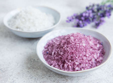 Lavender spa. Natural herb sea salt with lavender flowers