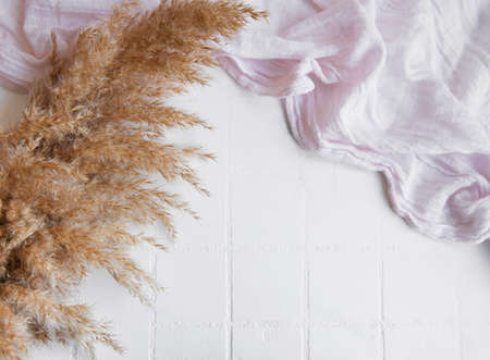 Flatlay of pampas grass on tile background. Minimal concept. Flat lay, top view, copy space.の写真素材