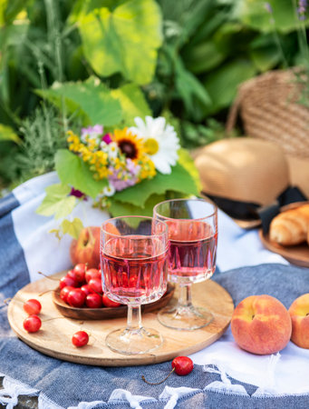 Picnic outdoors in lavender fields. Rose wine in a glass, cherries and straw hat on blanketの写真素材