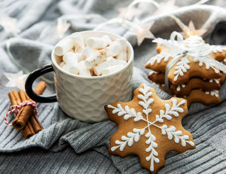 Christmas decorations, cocoa and gingerbread cookies. White wooden background.の写真素材