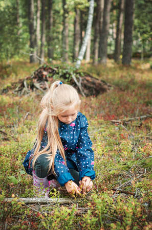 Adorable little girl hiking in the forestの写真素材