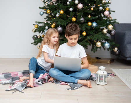 Christmas tree in a large living room. Children play near the Christmas tree. A boy with a laptop communicates with friends.の写真素材