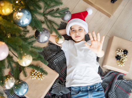 The boy lies under the tree and dreams. Christmas tree in the large living room.の写真素材