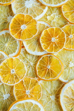 Natural Sliced and dried citrus fruit background. Food background.の写真素材